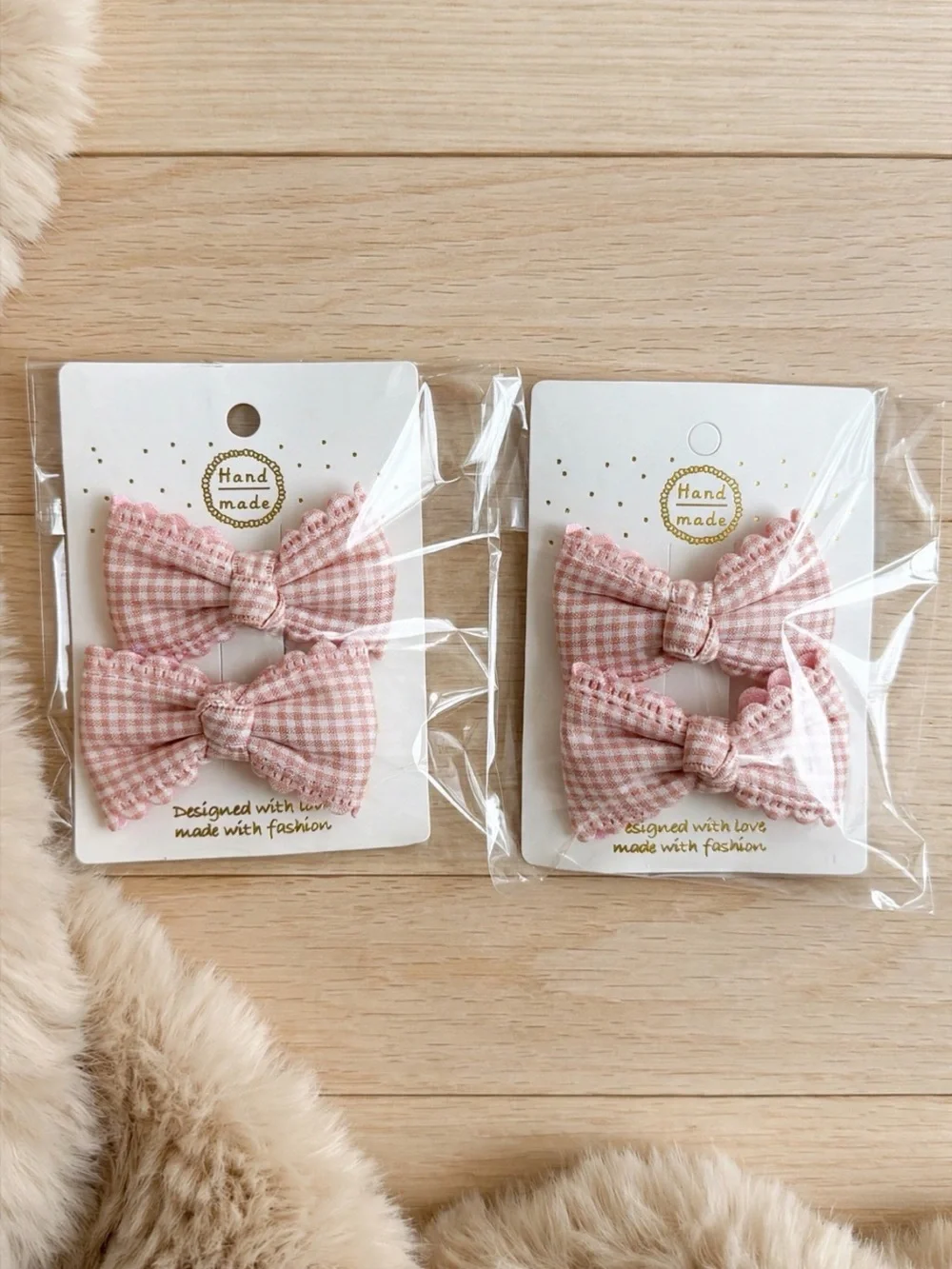 Handmade Pink Gingham Bow Hair Clips for Kids